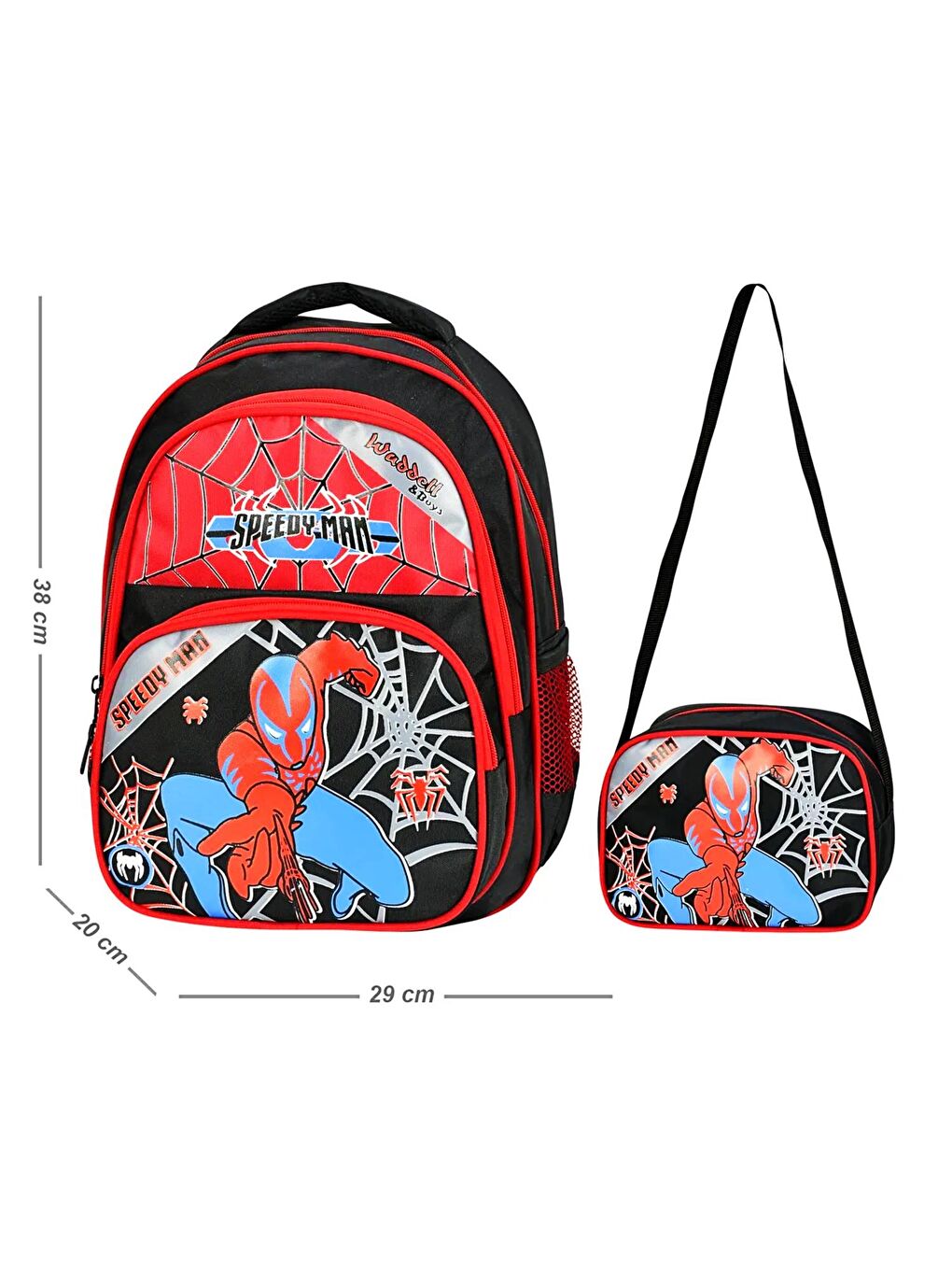 3 Bölmeli İlkokul Çantası ve Beslenme Çantası Örümcek Kırmızı-Siyah 5013-1