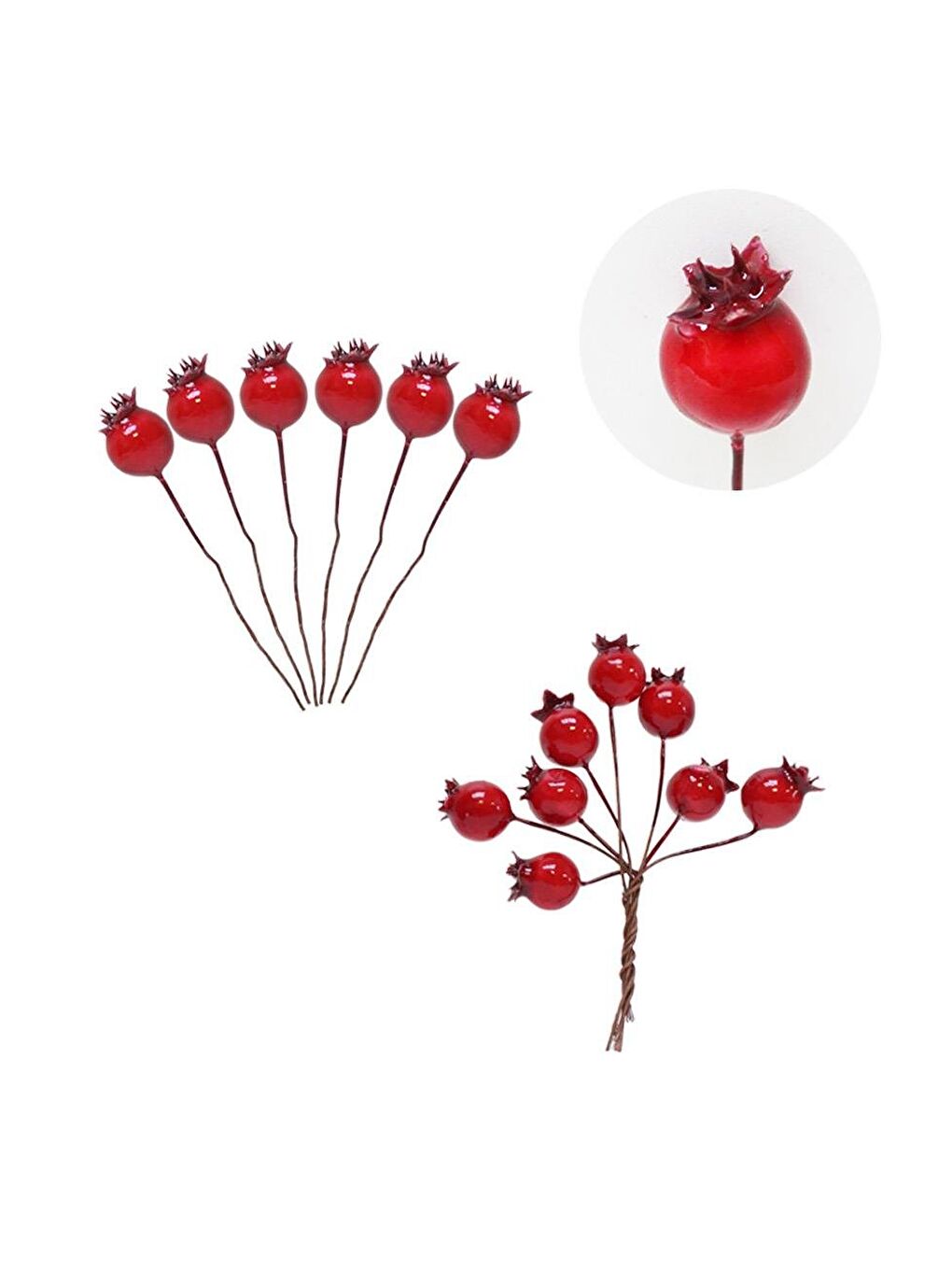 Kırmızı Yılbaşı Ağacı Süsleri Telli Mini Kokina Berry Dekoratif Çam Ağaç Süsü 16'lı-1