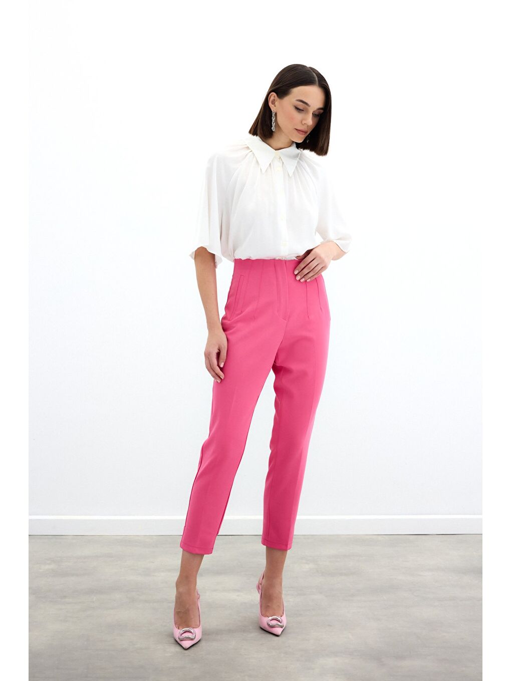 Yüksek Bel Pensli Pantolon - Fuşya-1