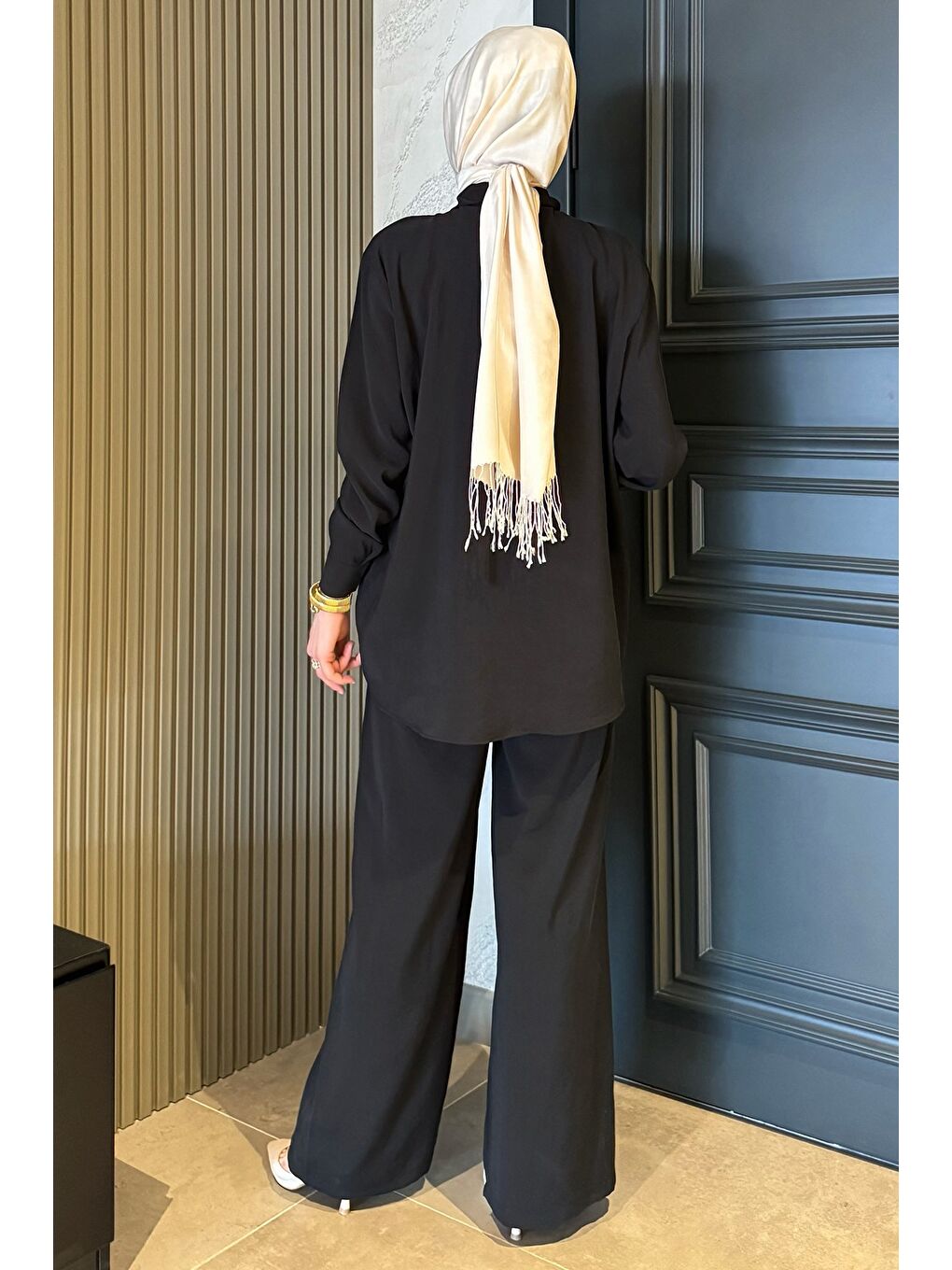 Siyah Kadın Fiyonk Detaylı Tesettür Gömlek Pantolon İkili Takım-7