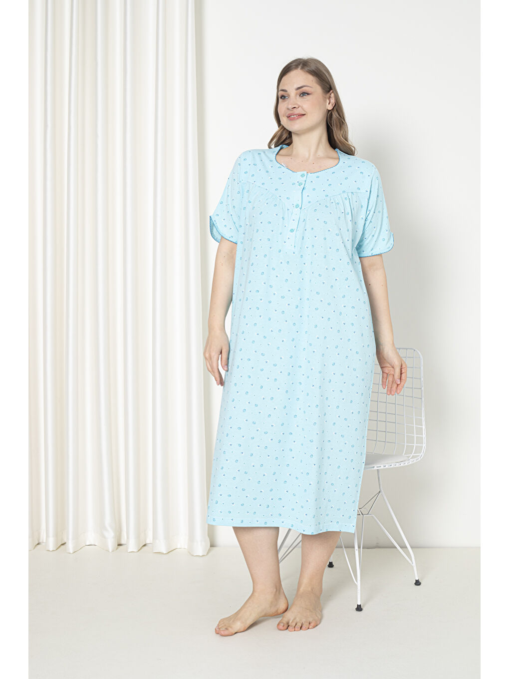 Yeşil %100 Pamuklu Kısa Kol Penye Büyük Beden Anne Geceliği 127-1