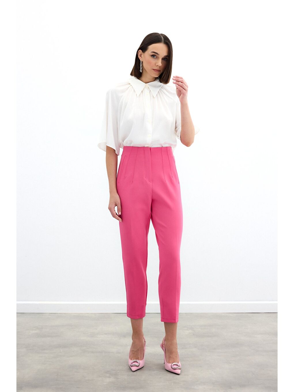 Yüksek Bel Pensli Pantolon - Fuşya-2