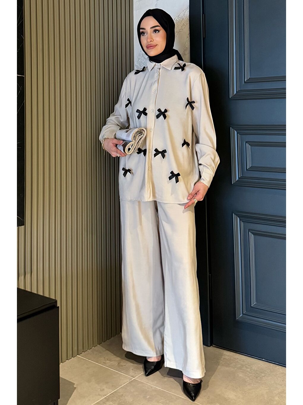 Bej Kadın Fiyonk Detaylı Tesettür Gömlek Pantolon İkili Takım-2