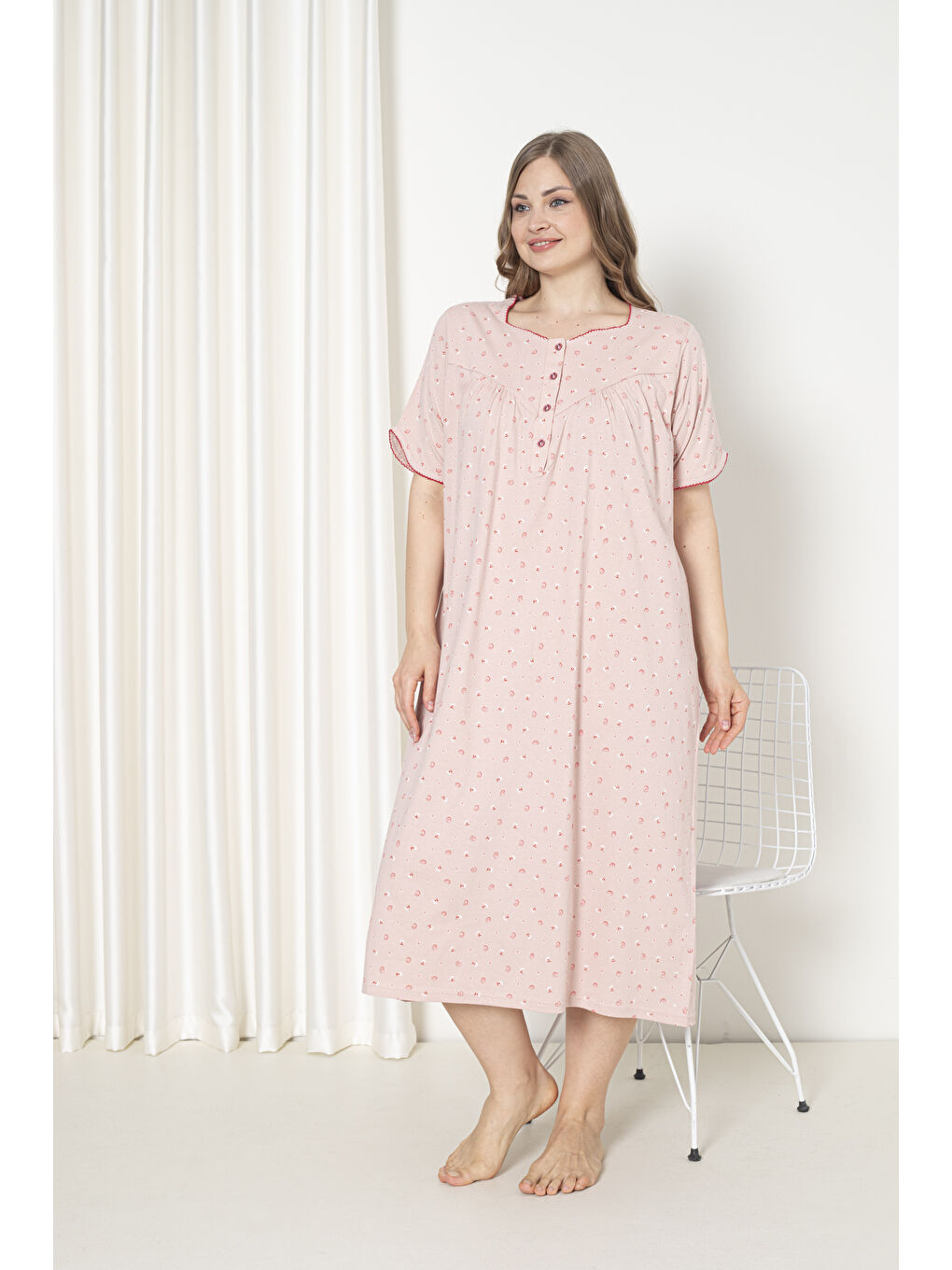 Pembe %100 Pamuklu Kısa Kol Penye Büyük Beden Anne Geceliği 127-2