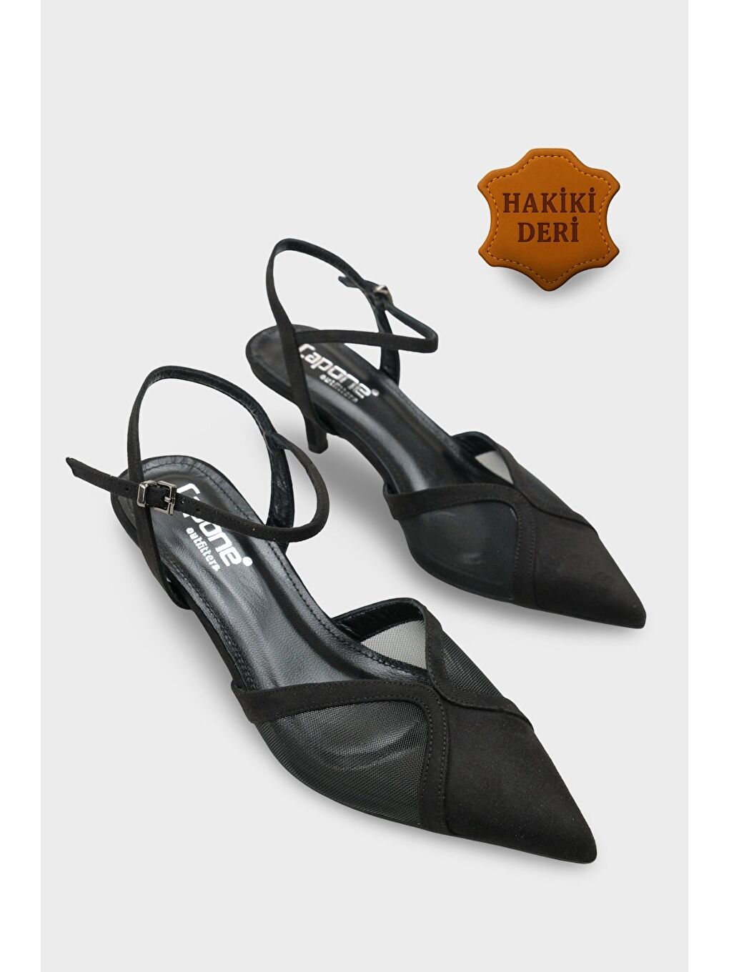 Siyah Kathryn Hakiki Deri Astarlı Sivri Burunlu Orta Topuklu Fileli Arkası Açık Kadın Ayakkabı