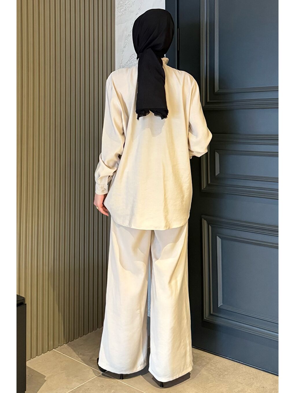 Bej Kadın Fiyonk Detaylı Tesettür Gömlek Pantolon İkili Takım-6