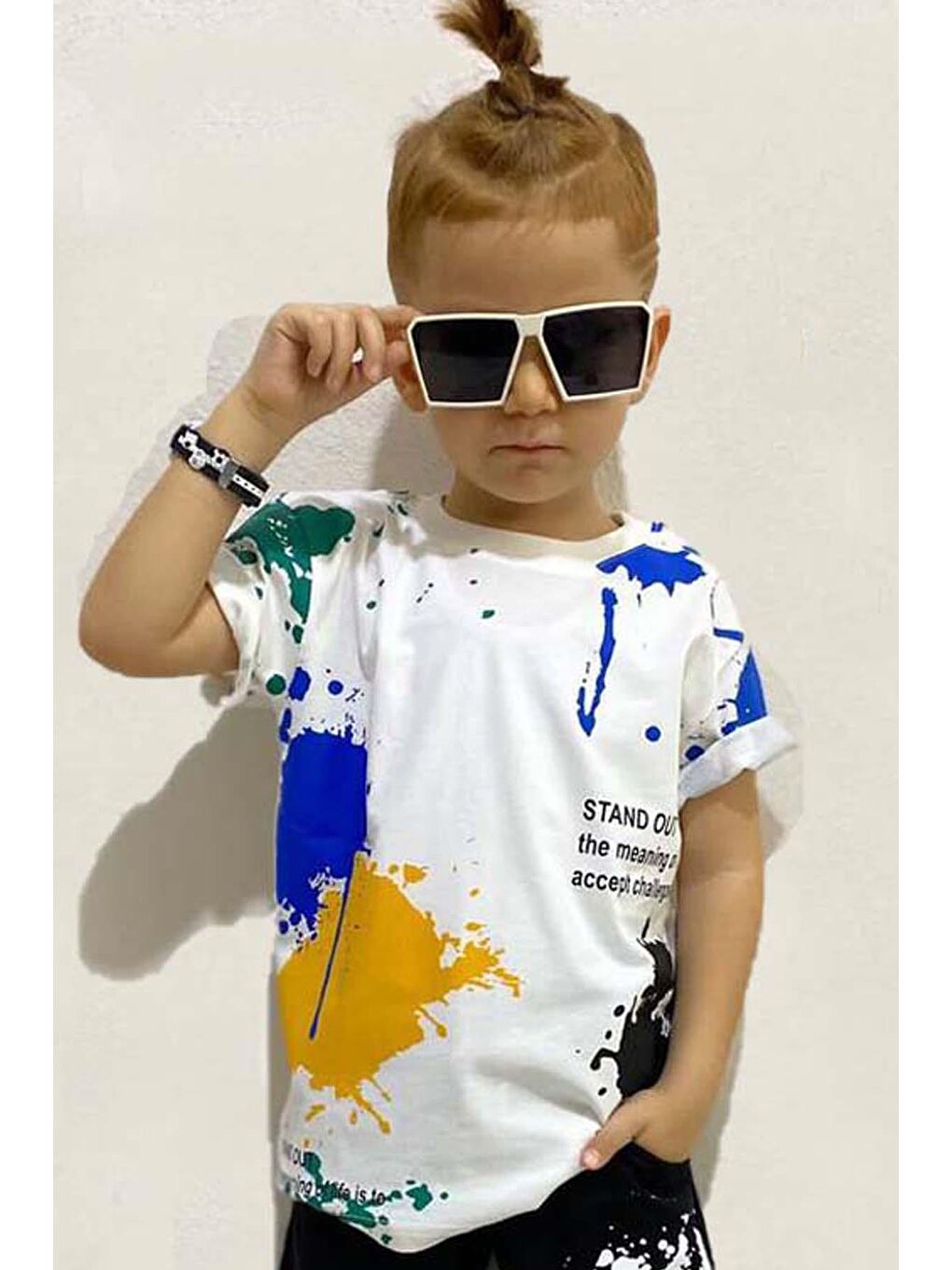 Erkek Çocuk Fırça Boya Desenli Cepli Siyah Şortlu Takım-2