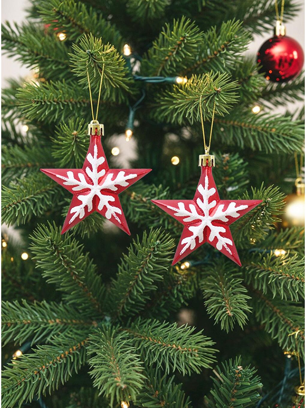 Yılbaşı Ağaç Süsü Kar Tanesi Motifli Yıldız Kırmızı 8,5 cm 2'li