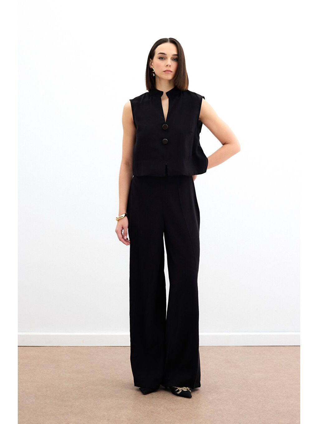 Yüksek Bel Keten Pantolon - Siyah-1