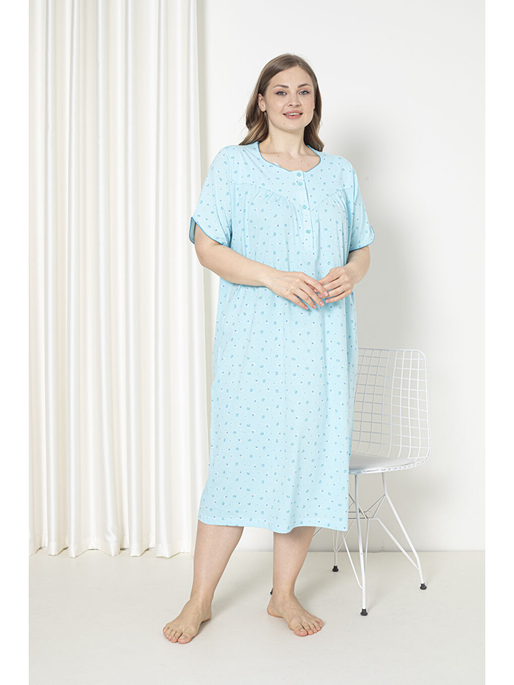 Yeşil %100 Pamuklu Kısa Kol Penye Büyük Beden Anne Geceliği 127-2