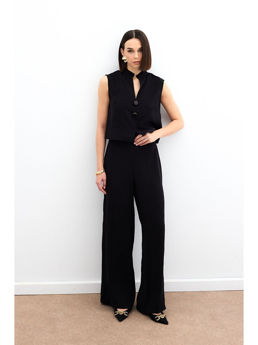 Yüksek Bel Keten Pantolon - Siyah-4