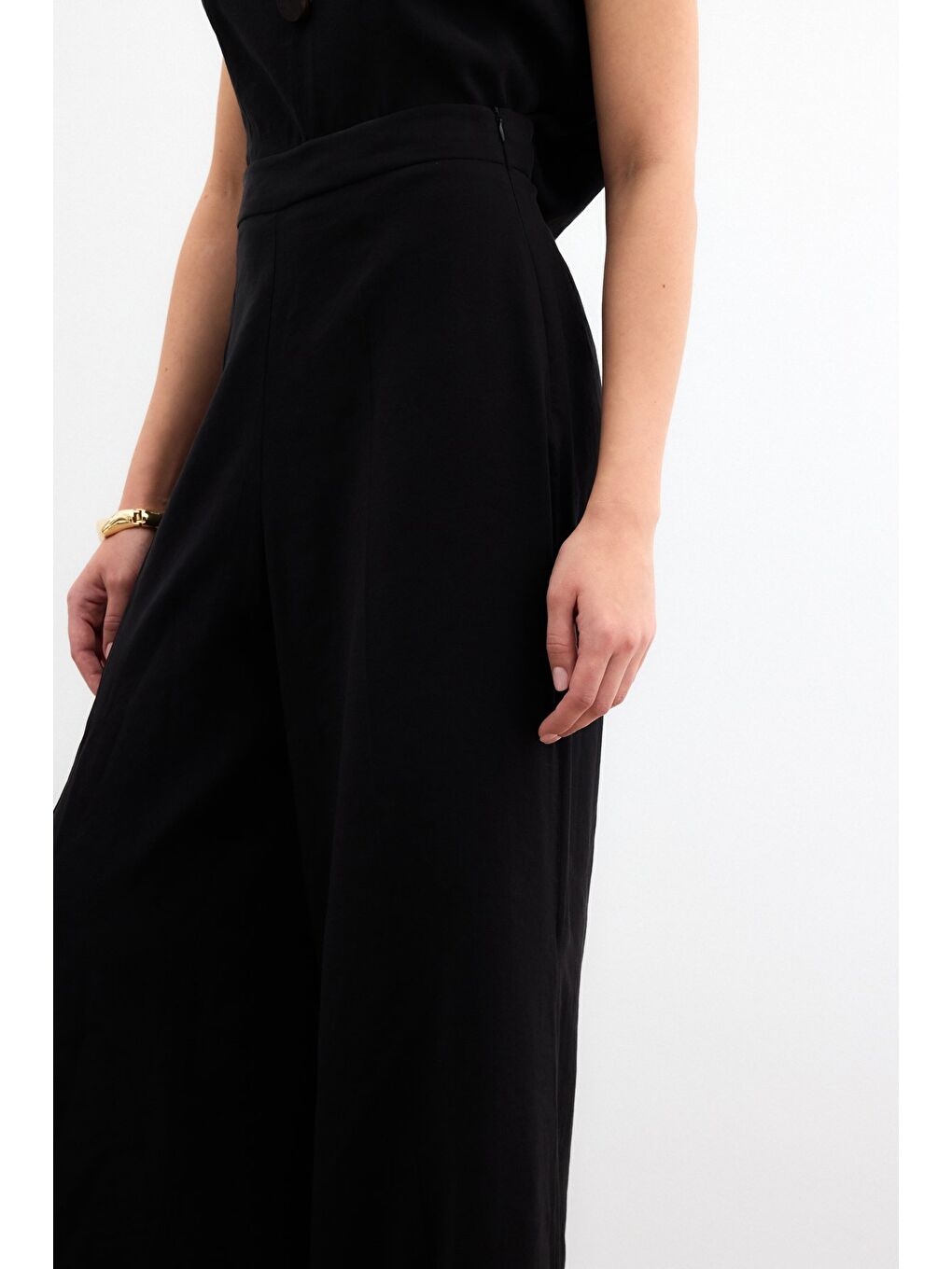 Yüksek Bel Keten Pantolon - Siyah-5