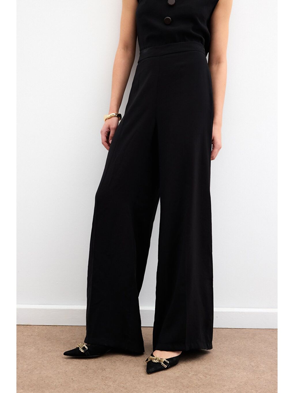 Yüksek Bel Keten Pantolon - Siyah-6