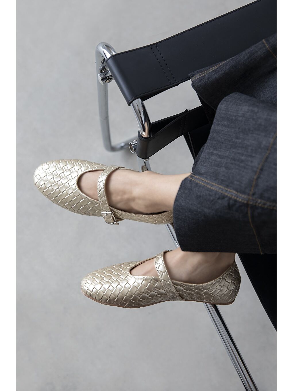 Sarı Jun Kadın Örgü Detay Deri Babet Altın