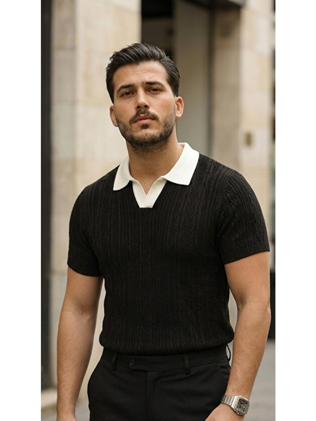 Siyah Erkek Polo Yaka Triko Tişört