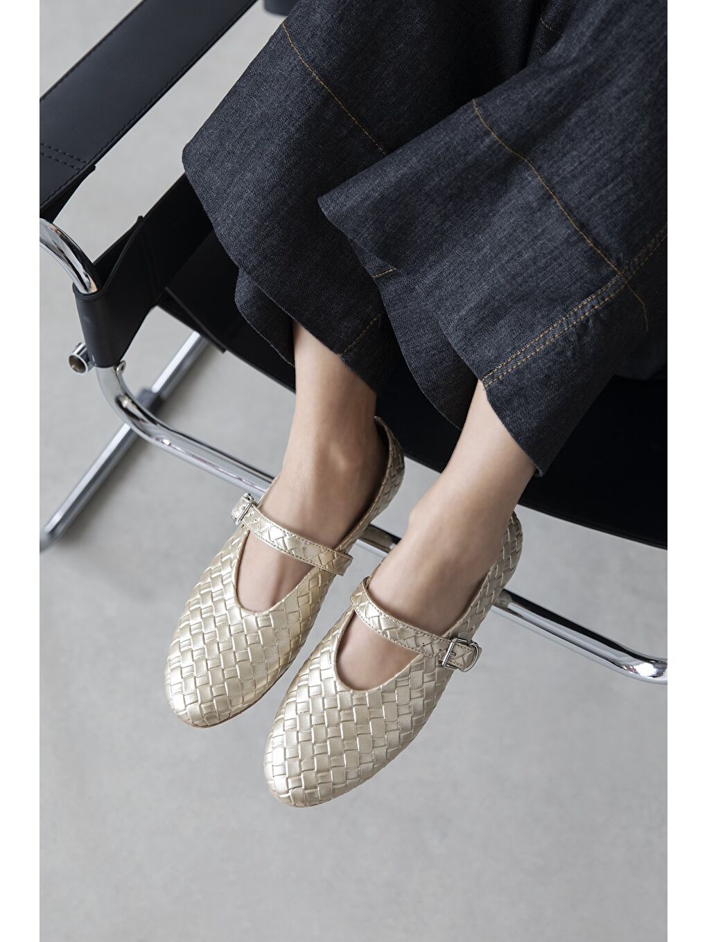 Sarı Jun Kadın Örgü Detay Deri Babet Altın-1