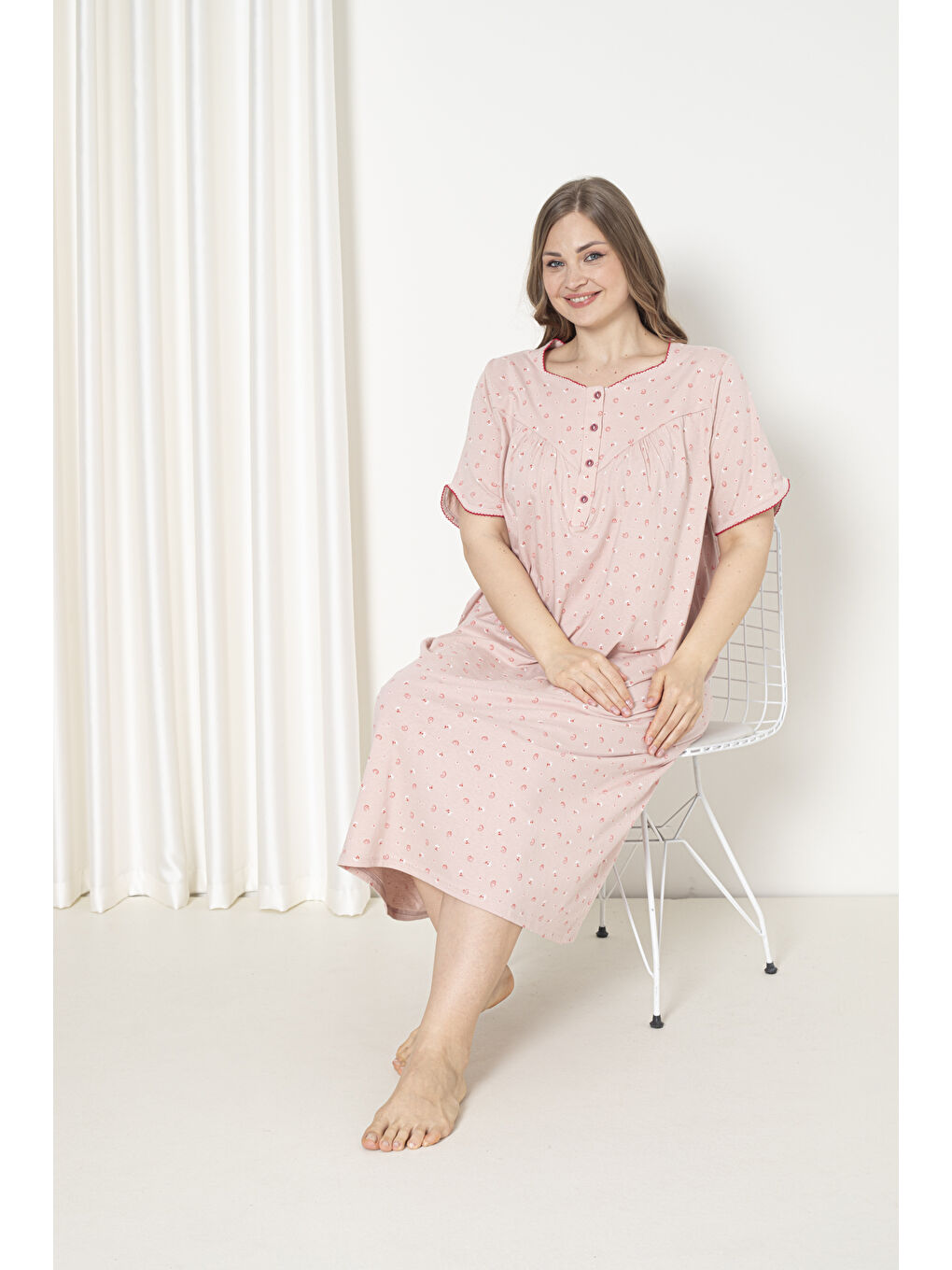 Pembe %100 Pamuklu Kısa Kol Penye Büyük Beden Anne Geceliği 127-3