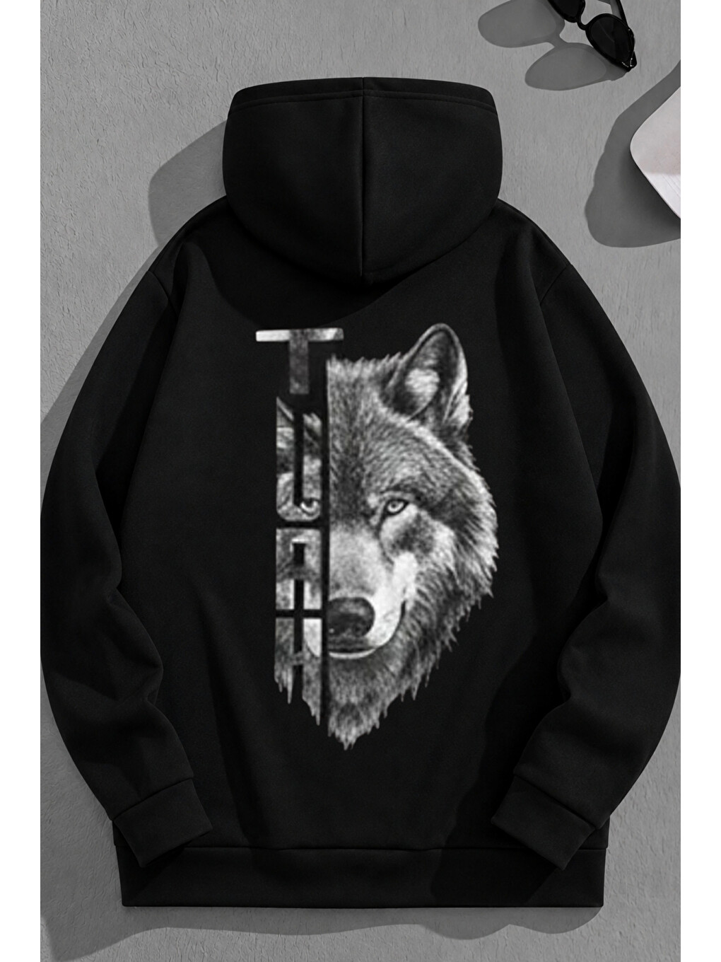 Unisex 3 İplik Pamuklu Siyah Turkkurt Baskı Bol Kalıp Sweatshirt Hoodie