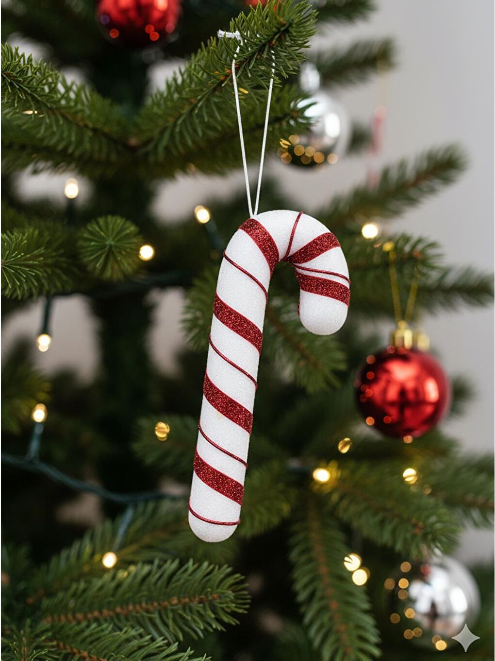 Kırmızı Yılbaşı Ağaç Süsü Baston Şeker Figürlü Dekoratif Süs 20 cm