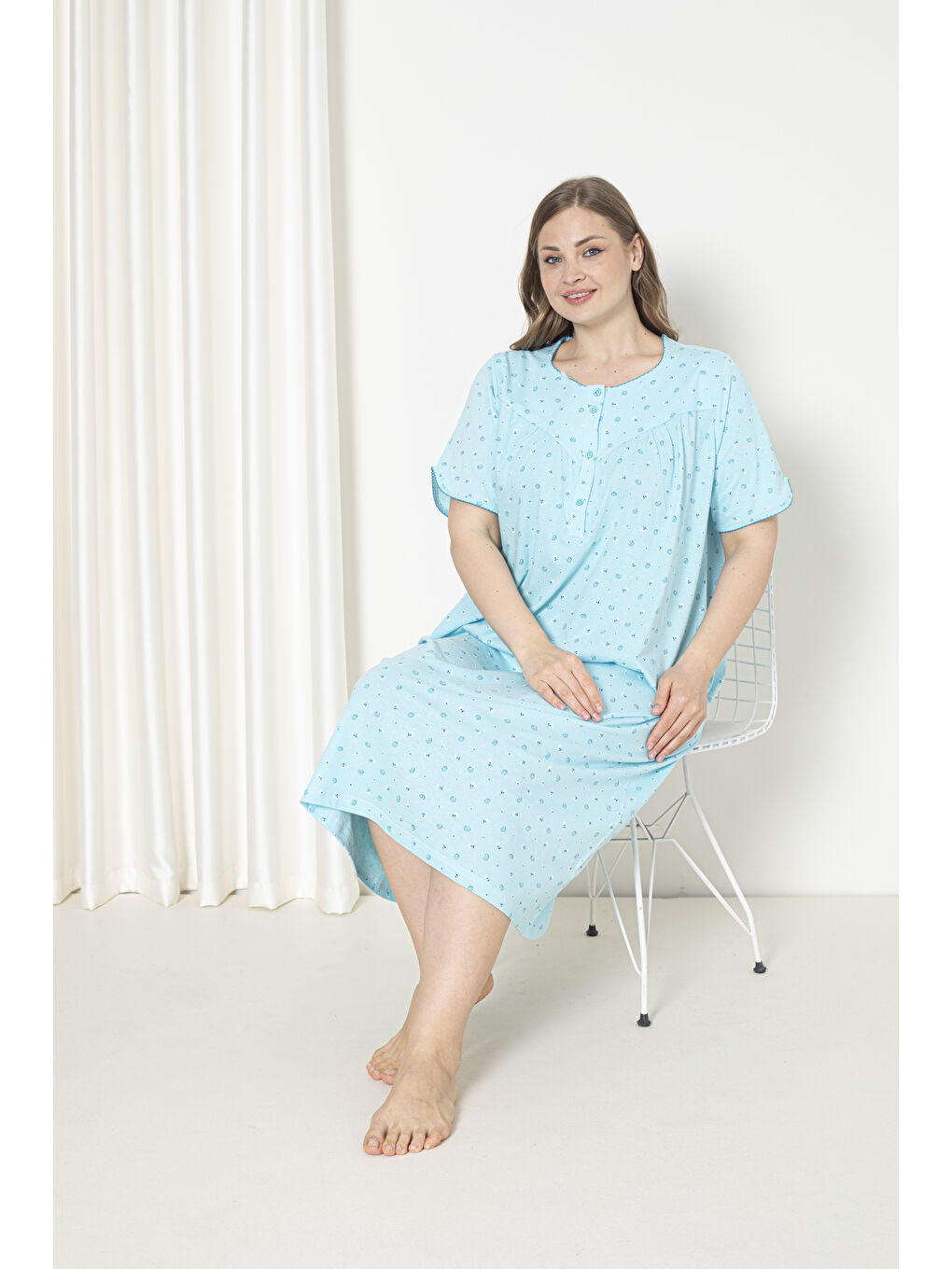 Yeşil %100 Pamuklu Kısa Kol Penye Büyük Beden Anne Geceliği 127-3