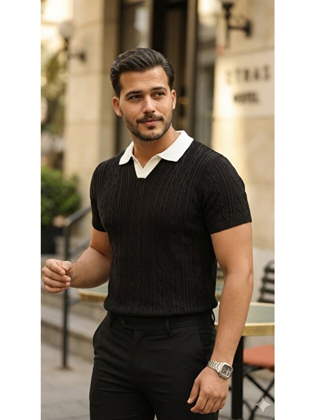 Siyah Erkek Polo Yaka Triko Tişört-1
