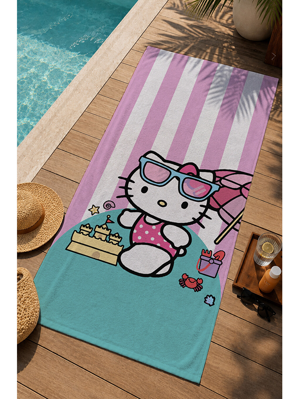 Pembe Beyaz Çizgili Sevimli Kedi Karakterli 70x150 Cm Dijital Baskılı Plaj Ve Banyo Havlusu-2