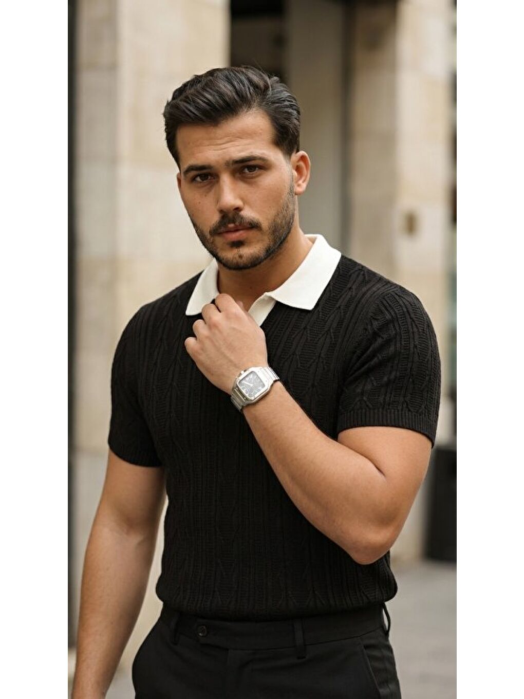 Siyah Erkek Polo Yaka Triko Tişört-2