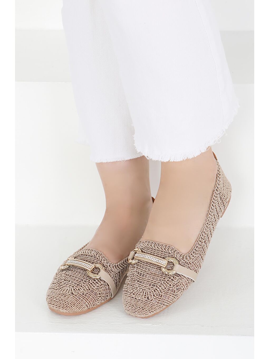 Bej Kadın Vizon Triko Tokalı Babet - 27414