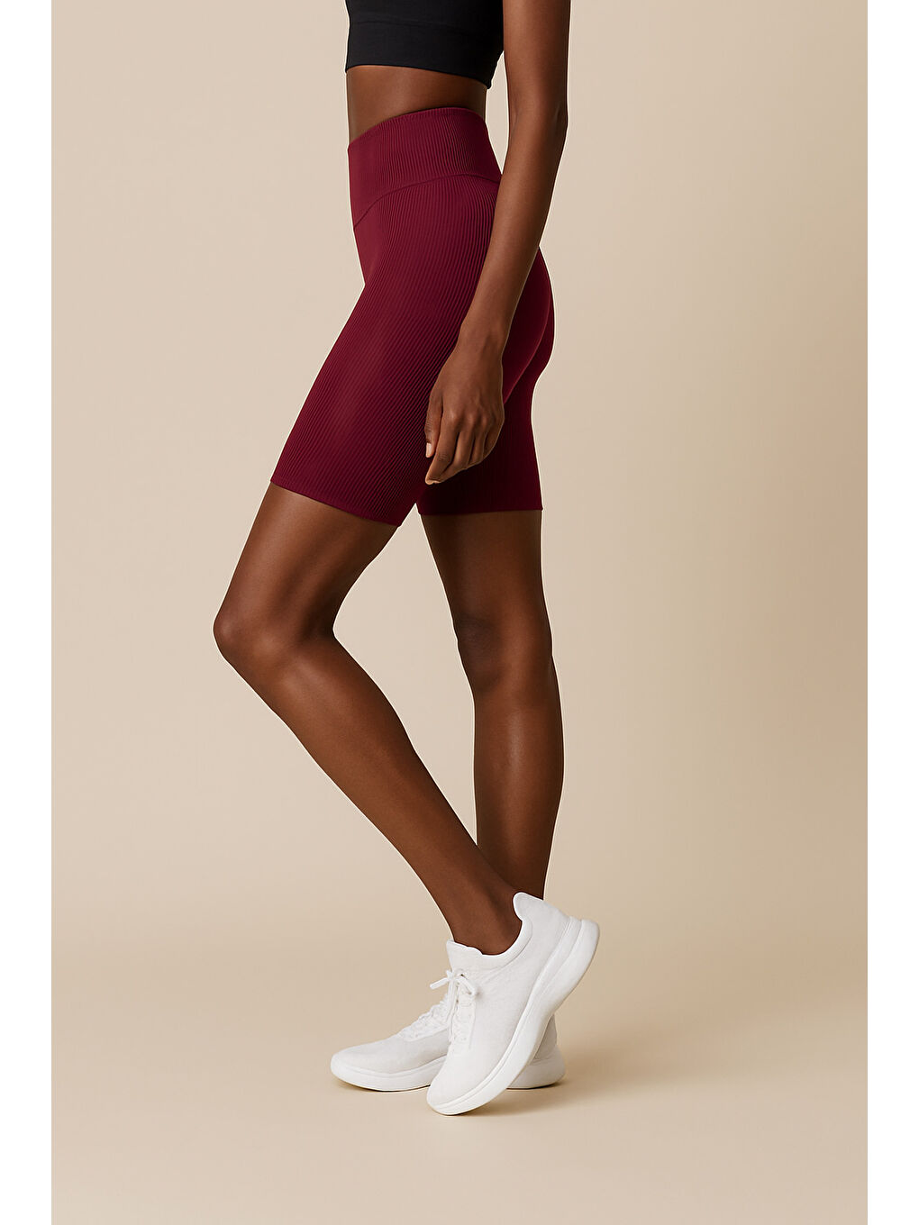 Bordo Kadın Yüksek Bel Toparlayıcı Ripli Fitilli Kısa Spor Tayt-1