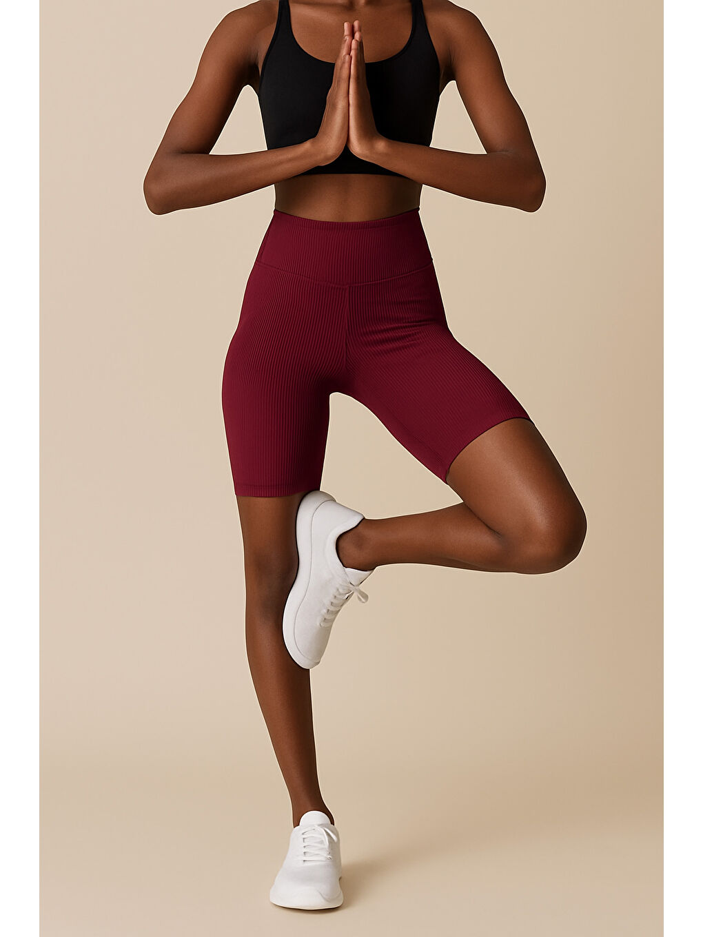 Bordo Kadın Yüksek Bel Toparlayıcı Ripli Fitilli Kısa Spor Tayt-2