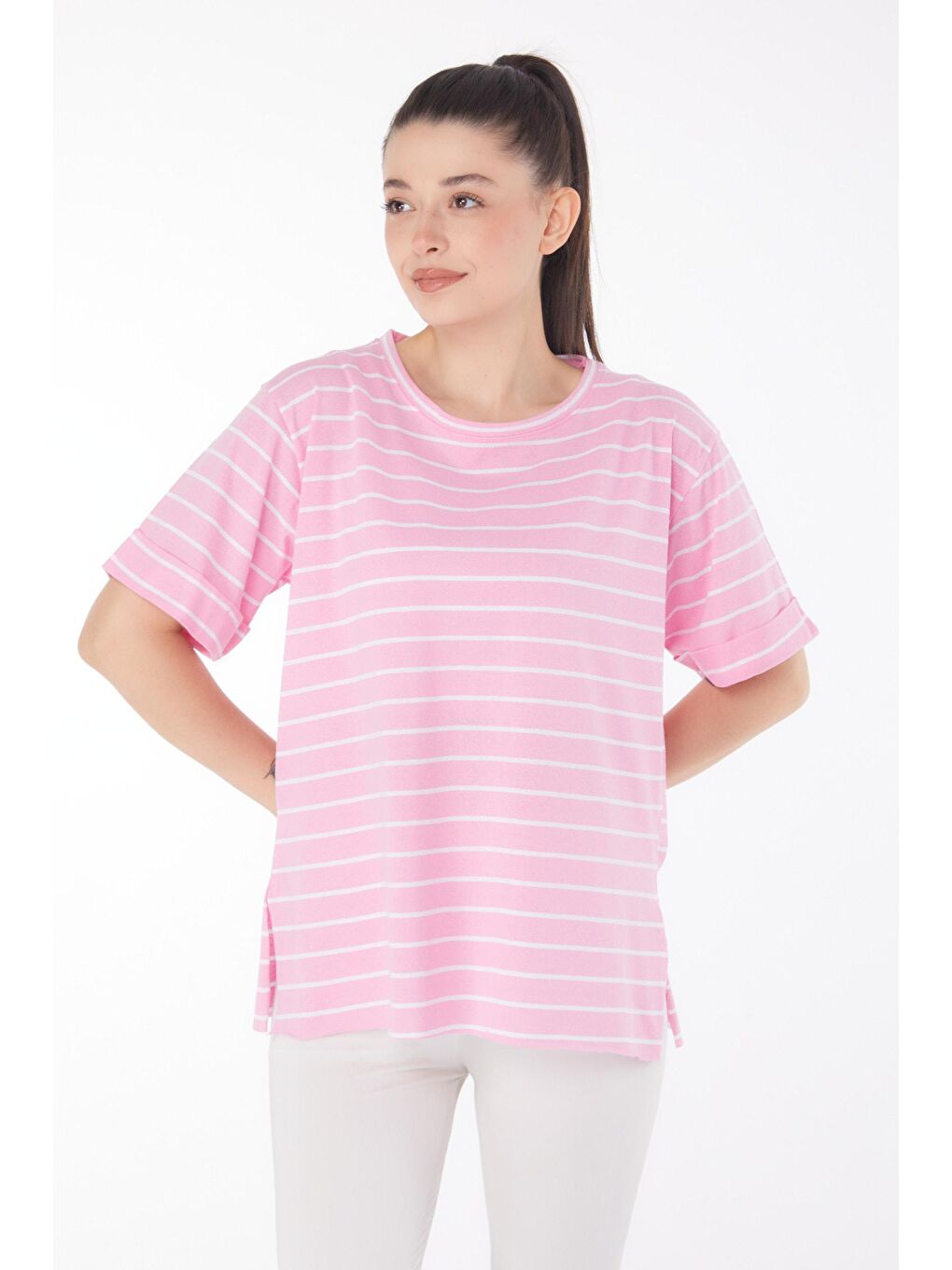 TOFİSA Pembe Düz Bisiklet Yaka Kadın Pembe Çizgili Kısa Kollu T-shirt - 25840 - 1