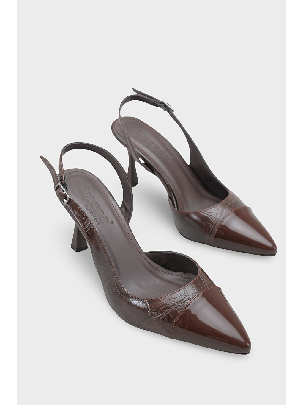 Kahverengi Salli Sivri Burunlu Arkası Açık Orta Topuklu Kadın Ayakkabı-1