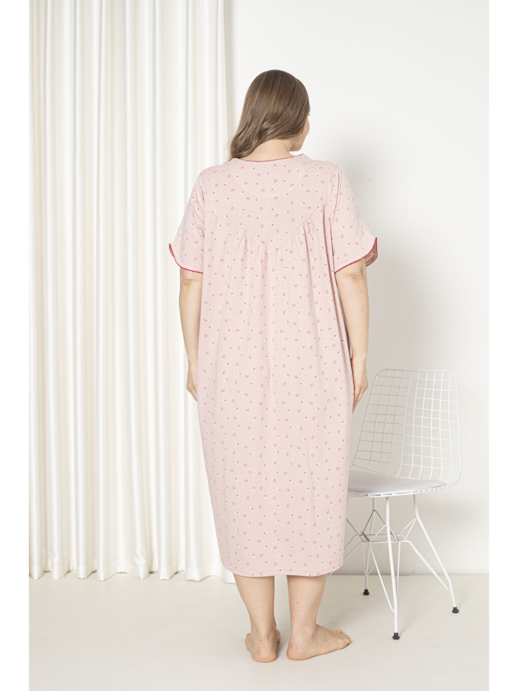 Pembe %100 Pamuklu Kısa Kol Penye Büyük Beden Anne Geceliği 127-4