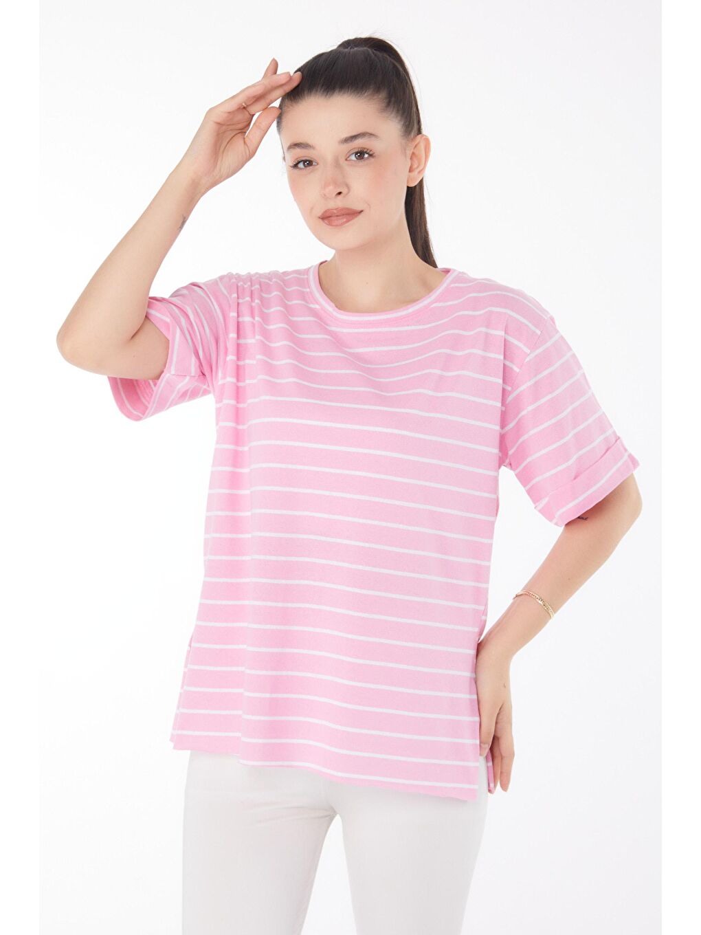 TOFİSA Pembe Düz Bisiklet Yaka Kadın Pembe Çizgili Kısa Kollu T-shirt - 25840 - 2