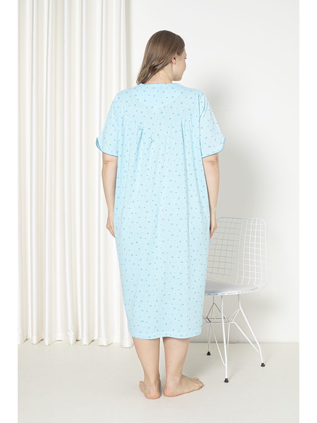 Yeşil %100 Pamuklu Kısa Kol Penye Büyük Beden Anne Geceliği 127-4