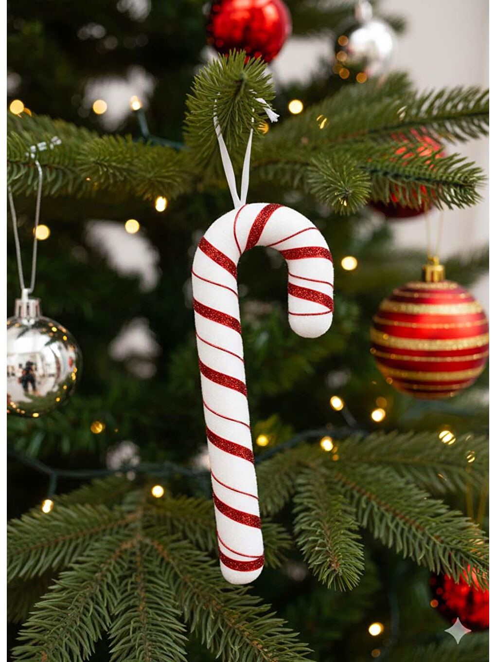 Kırmızı Yılbaşı Ağaç Süsü Baston Şeker Figürlü Dekoratif Süs 34 cm