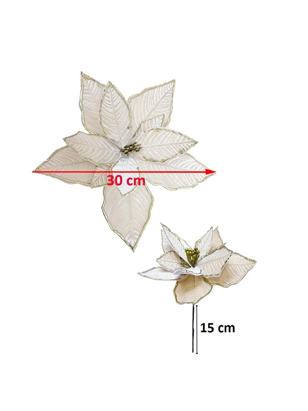 Kahverengi Yılbaşı Ağaç Süsü Ponsetya Atatürk Çiçeği Altın Sim Detaylı Açık Krem 30 cm-2