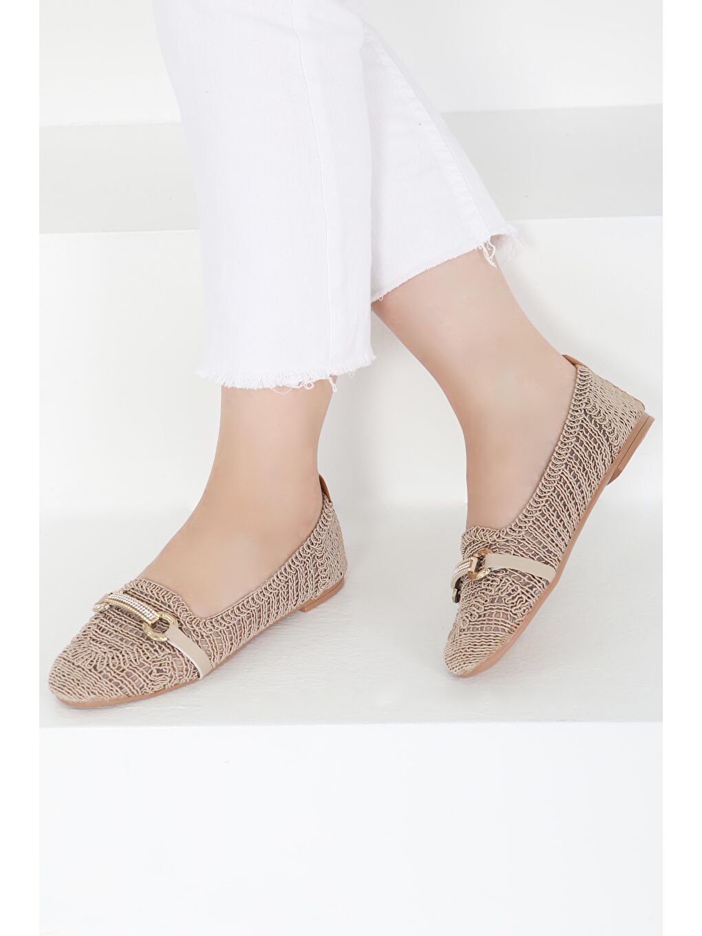 Bej Kadın Vizon Triko Tokalı Babet - 27414-2