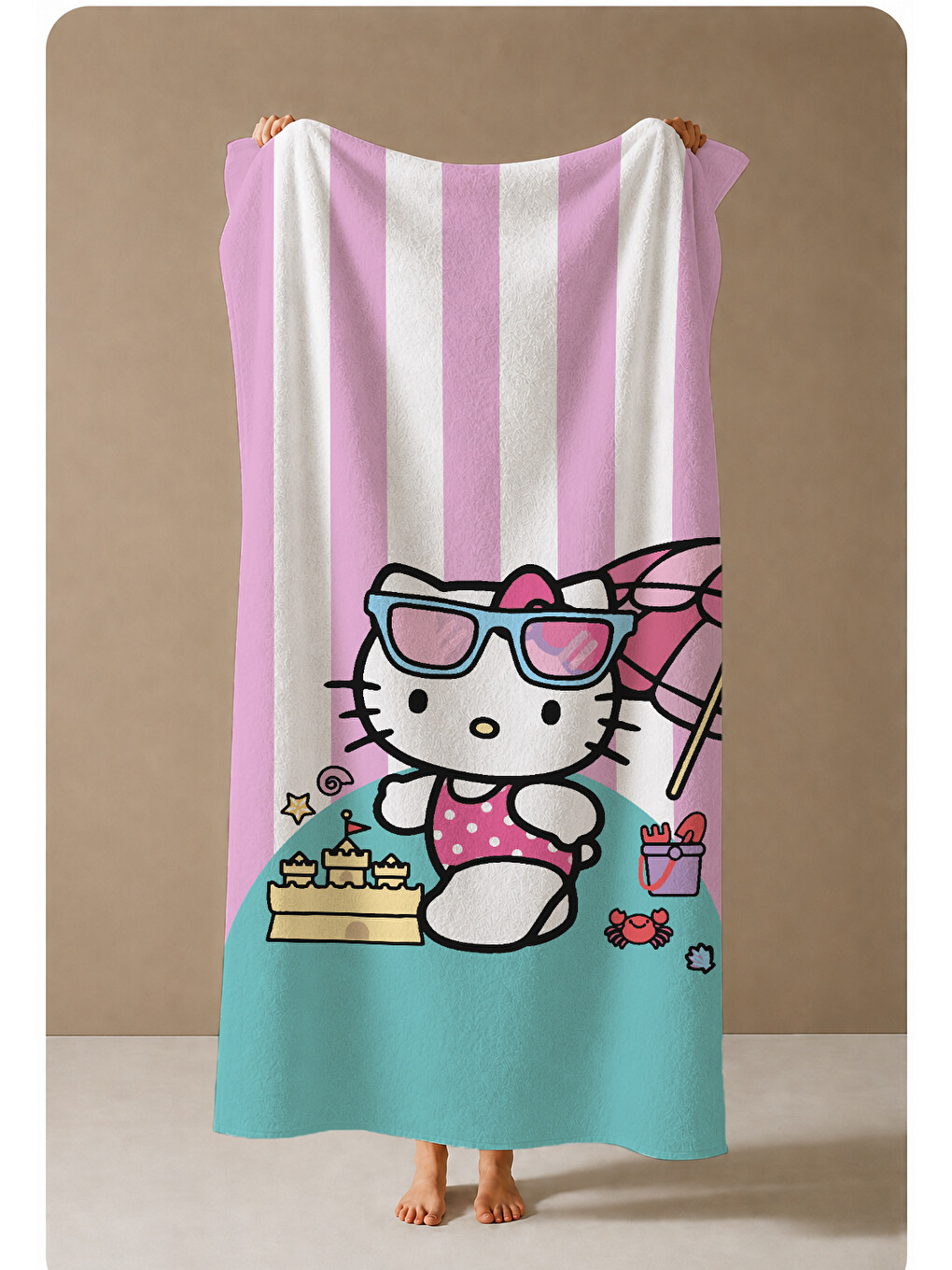 Pembe Beyaz Çizgili Sevimli Kedi Karakterli 70x150 Cm Dijital Baskılı Plaj Ve Banyo Havlusu-3