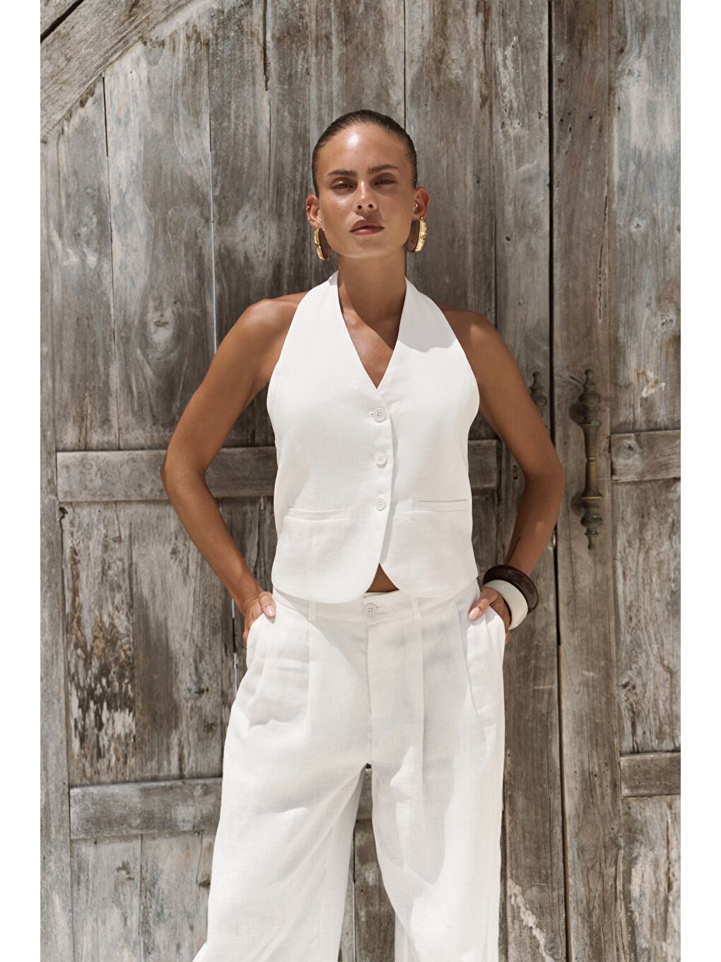 Dena Sırt Dekolteli Beyaz Keten Yelek Pantolon Takım