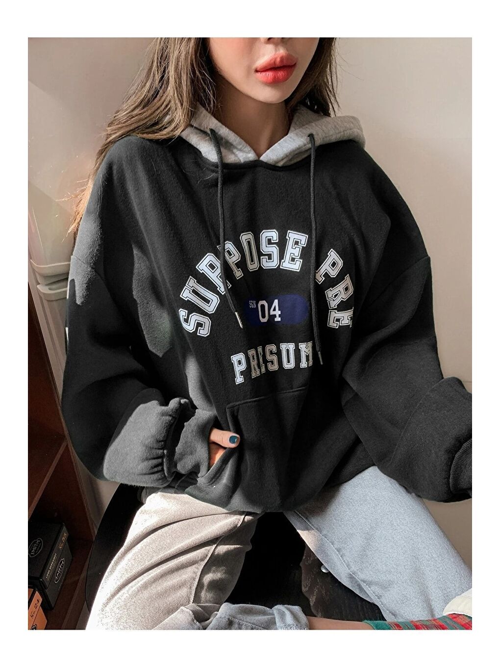 Trendseninle Siyah Kadın SİYAH Suppose Baskılı Oversize Sweatshirt