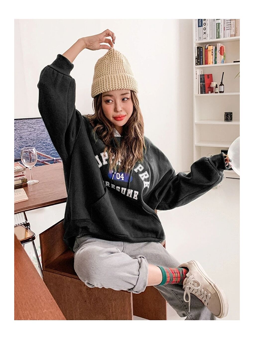 Trendseninle Siyah Kadın SİYAH Suppose Baskılı Oversize Sweatshirt - 3