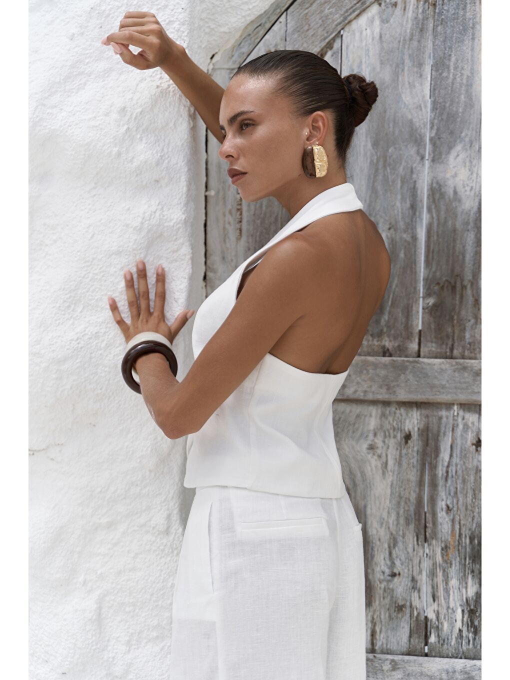 Dena Sırt Dekolteli Beyaz Keten Yelek Pantolon Takım-1