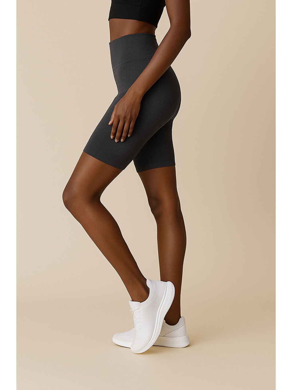 Lacivert Kadın Yüksek Bel Toparlayıcı Ripli Fitilli Kısa Spor Tayt-1