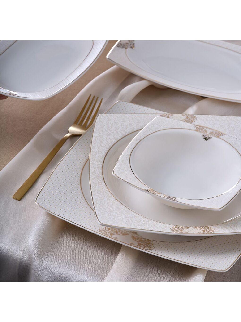 Ekru Caroline 85 Parça 12 Kişilik Kare Yemek Takımı 6600-1