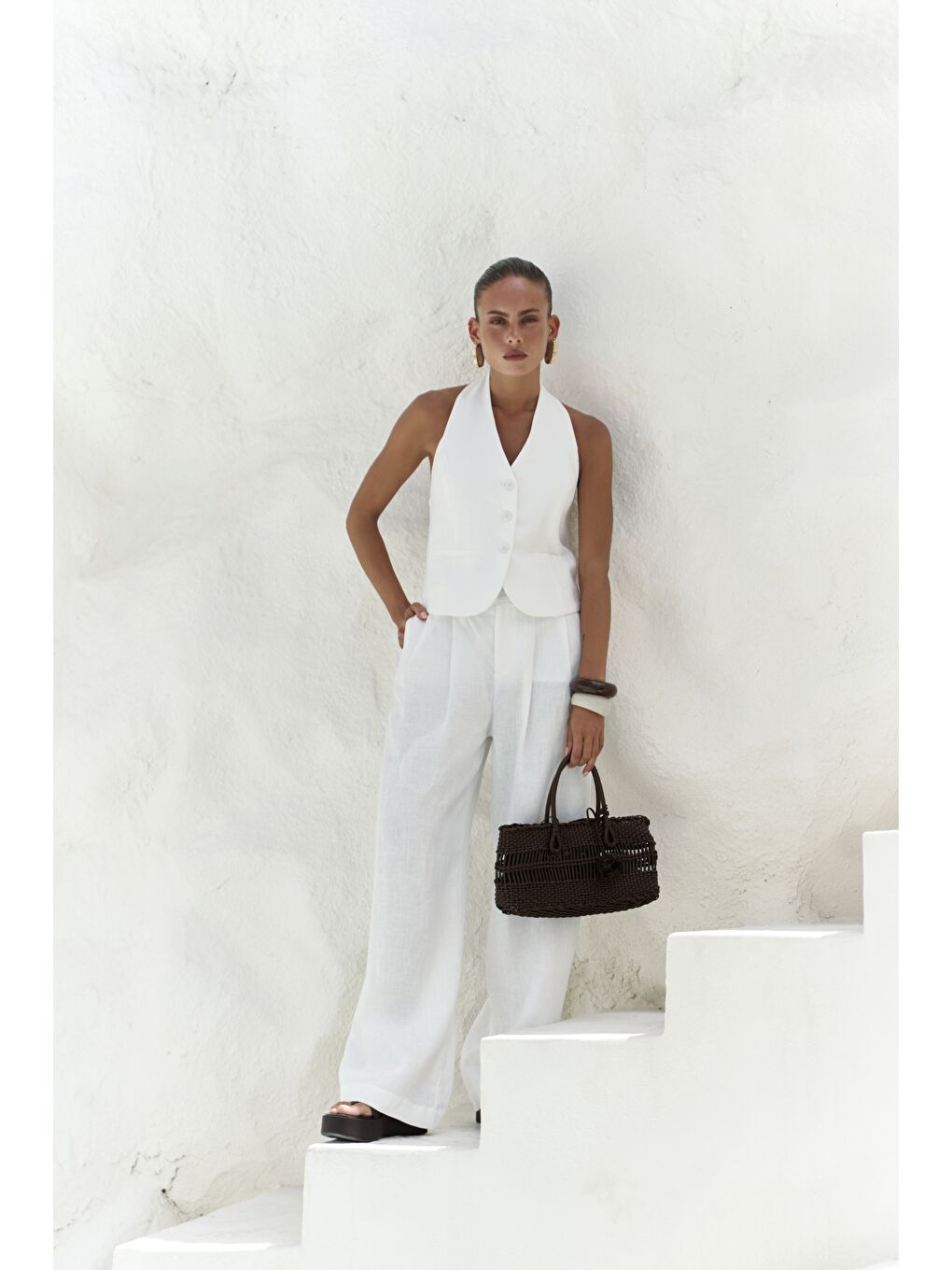 Dena Sırt Dekolteli Beyaz Keten Yelek Pantolon Takım-2