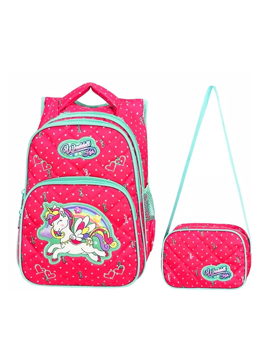 3 Bölmeli İlkokul Çantası ve Beslenme Çantası Benekli Pembe 24005