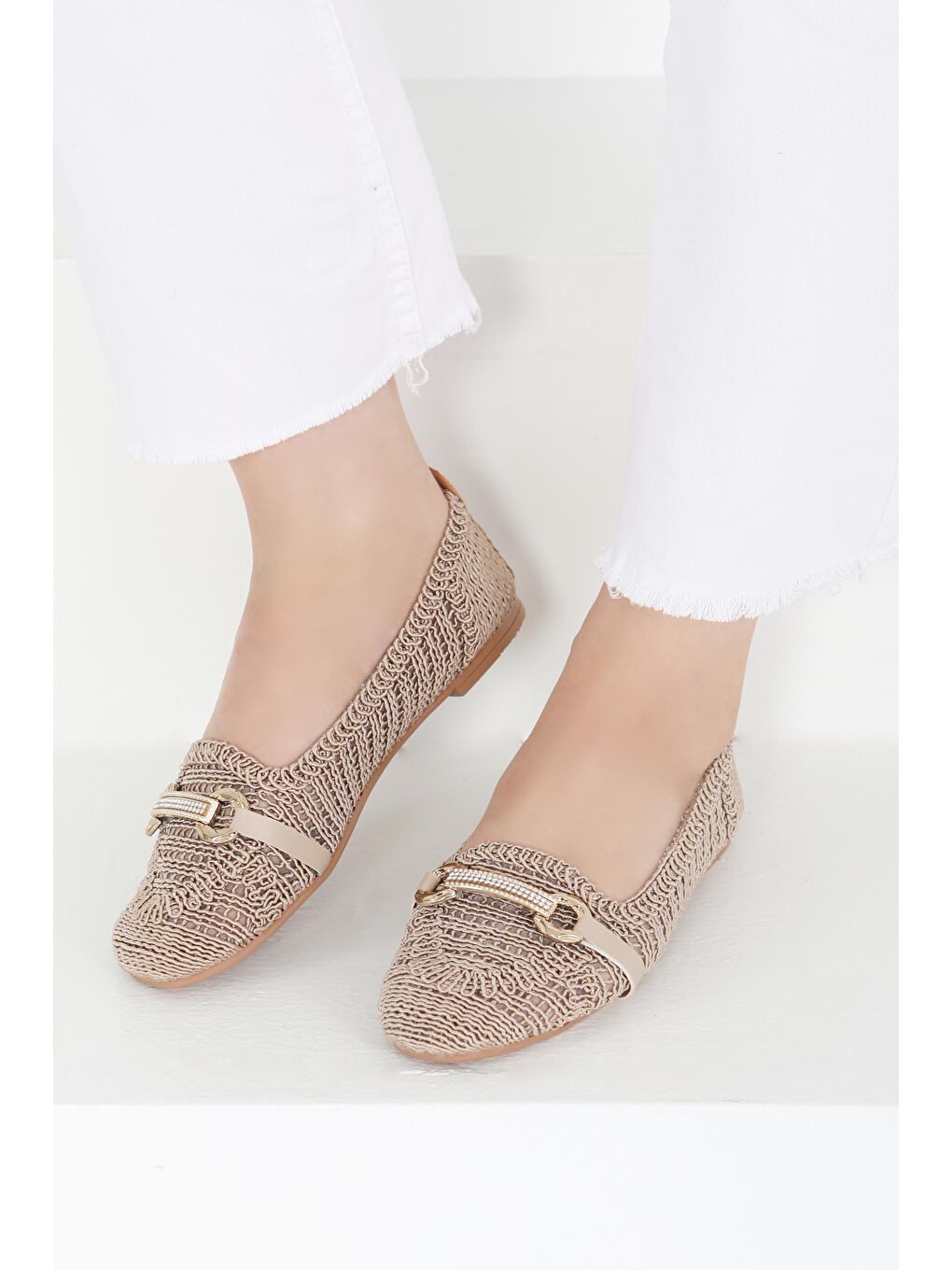 Bej Kadın Vizon Triko Tokalı Babet - 27414-3