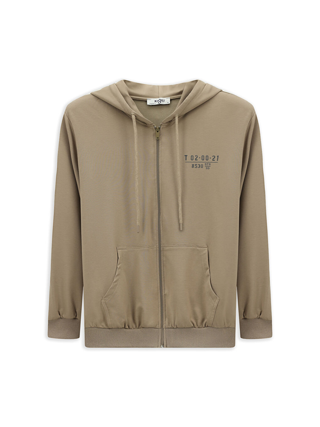 Bej Kapüşonlu Regular Fit Fermuarlı Baskılı Pamuklu Büyük Beden Sweatshirt