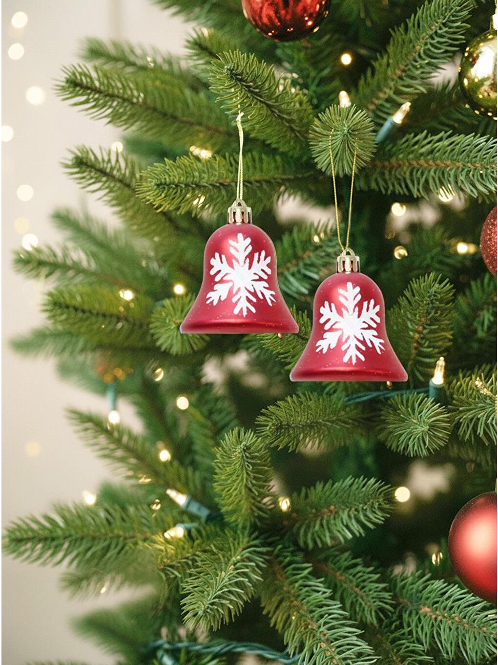 Yılbaşı Ağaç Süsü Çan Figürlü Kırmızı-Beyaz Kar Tanesi Desenli 7 cm 2'li Set